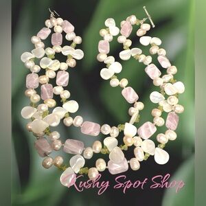 Vintage Signed A.S. Israel 925SS Freshwater Pearl/MOP🦪🌸 Pink Quartz 🍏Peridot